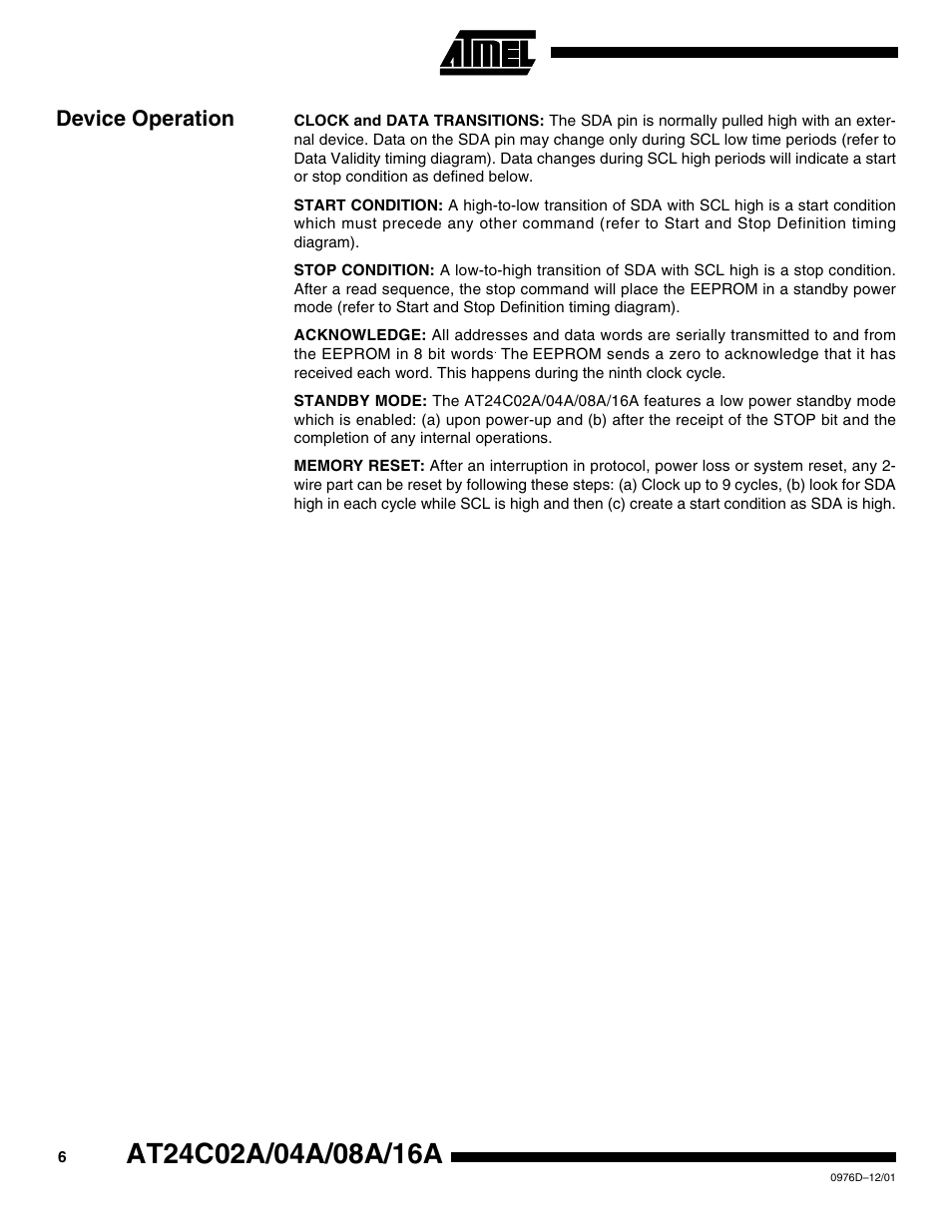Device operation | Rainbow Electronics AT24C16A User Manual | Page 6 / 20