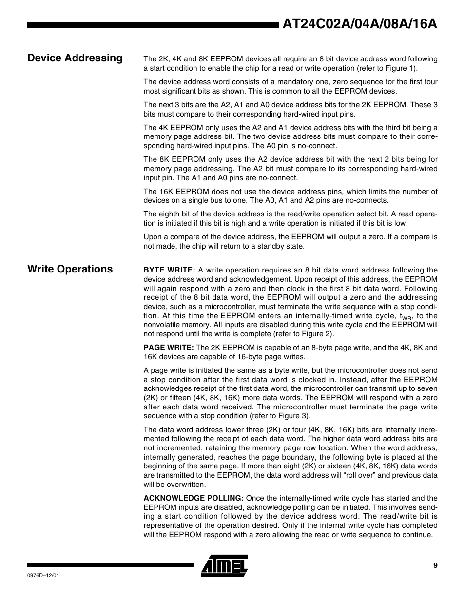 Device addressing, Write operations | Rainbow Electronics AT24C16A User Manual | Page 9 / 20