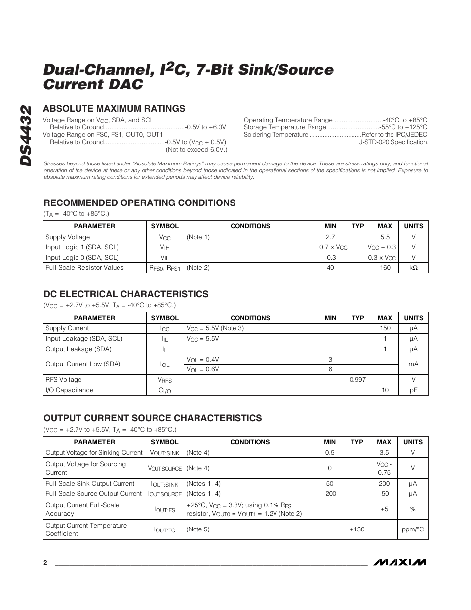 Ds4432 dual-channel, i, C, 7-bit sink/source current dac, Dc electrical characteristics | Output current source characteristics | Rainbow Electronics DS4432 User Manual | Page 2 / 9