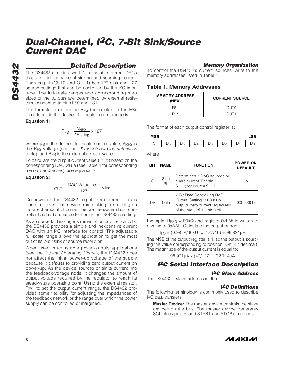 Ds4432 dual-channel, i, C, 7-bit sink/source current dac, Detailed description | C serial interface description | Rainbow Electronics DS4432 User Manual | Page 6 / 9