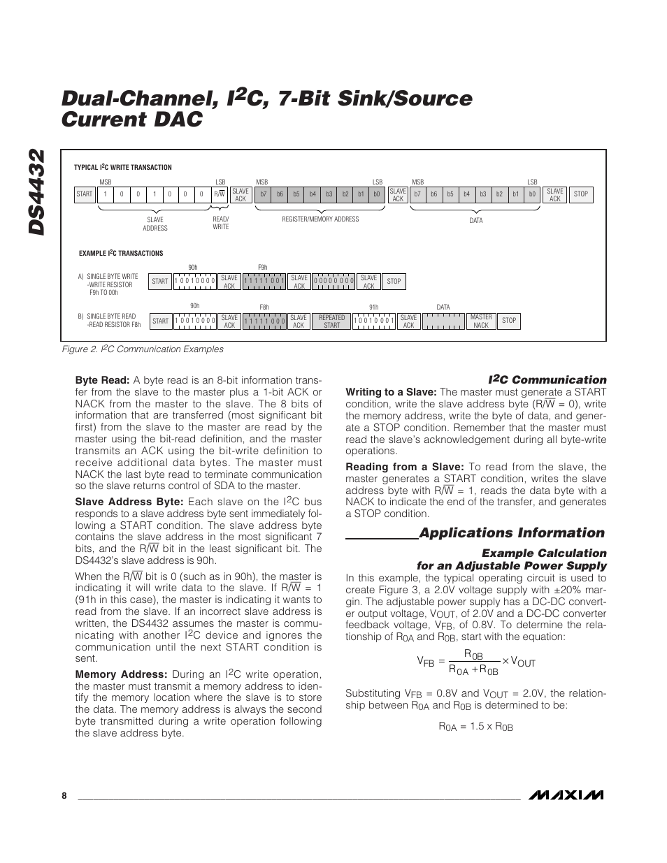 Ds4432 dual-channel, i, C, 7-bit sink/source current dac, Applications information | C communication, Example calculation for an adjustable power supply | Rainbow Electronics DS4432 User Manual | Page 8 / 9