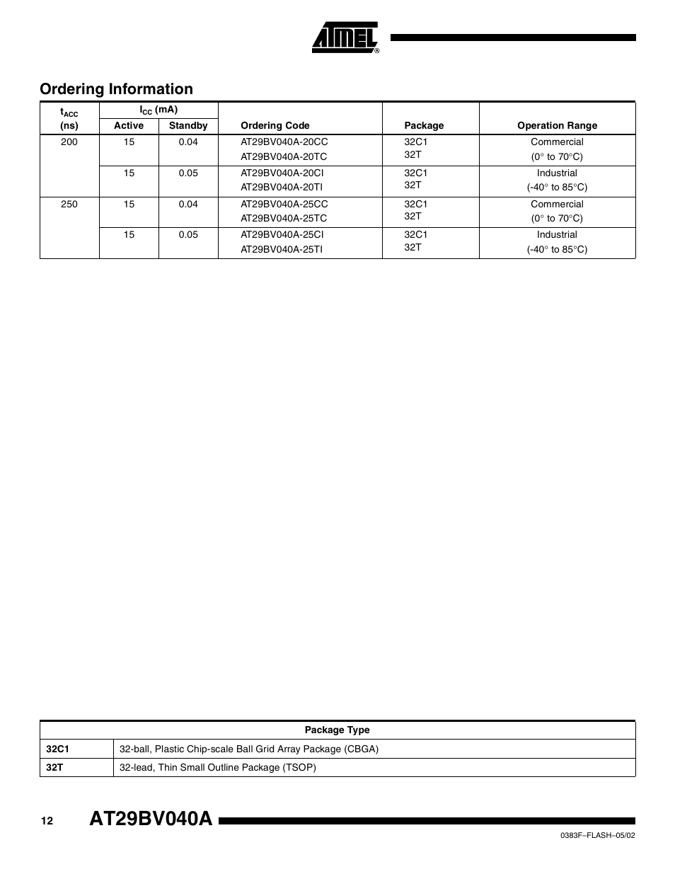 Ordering information | Rainbow Electronics AT29BV040A User Manual | Page 12 / 15
