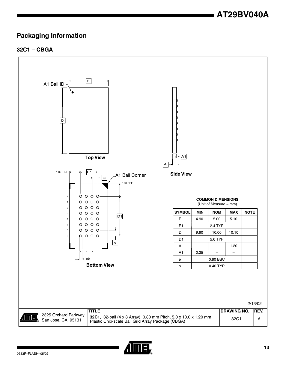 Packaging information, 32c1 – cbga, Top view bottom view side view | A1 ball id, A1 ball corner | Rainbow Electronics AT29BV040A User Manual | Page 13 / 15