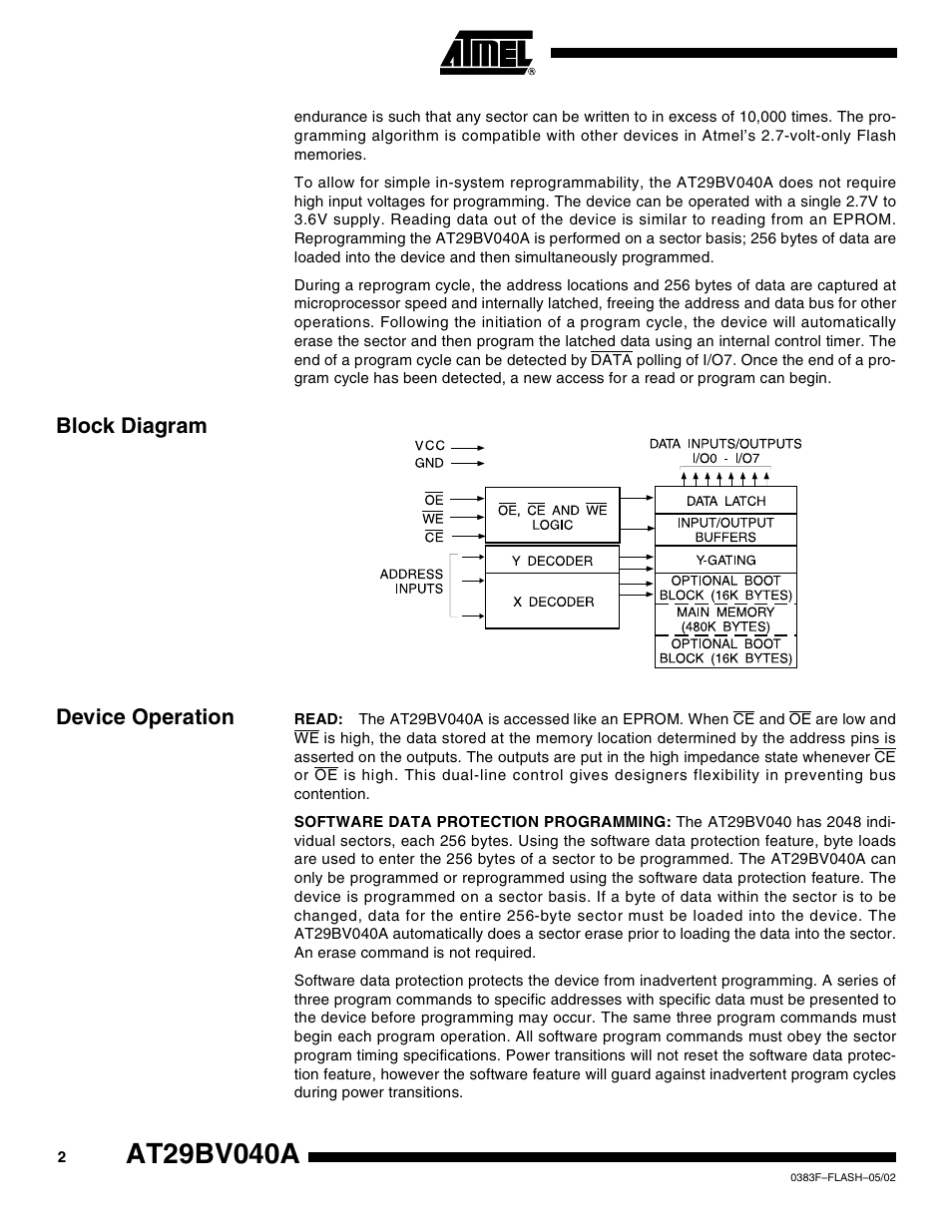 Block diagram, Device operation, Block diagram device operation | Rainbow Electronics AT29BV040A User Manual | Page 2 / 15
