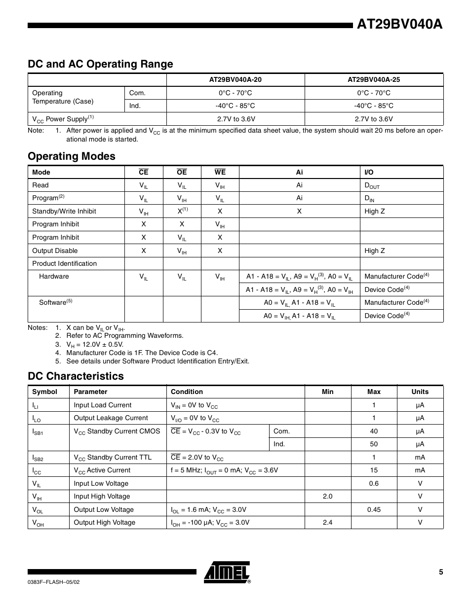 Dc and ac operating range, Operating modes, Dc characteristics | Rainbow Electronics AT29BV040A User Manual | Page 5 / 15
