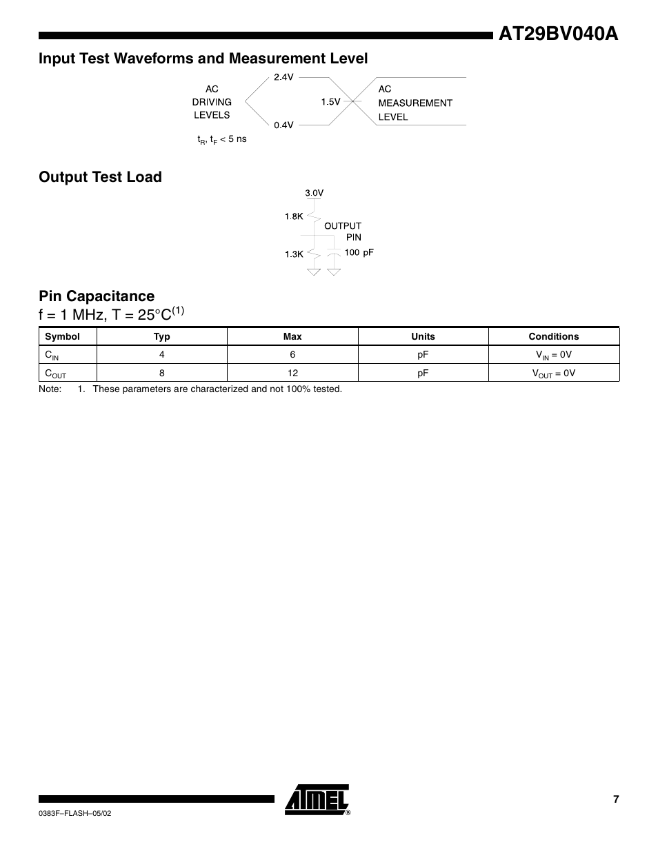 Input test waveforms and measurement level, Output test load, Pin capacitance f = 1 mhz, t = 25˚c(1) | Pin capacitance f = 1 mhz, t = 25° c | Rainbow Electronics AT29BV040A User Manual | Page 7 / 15