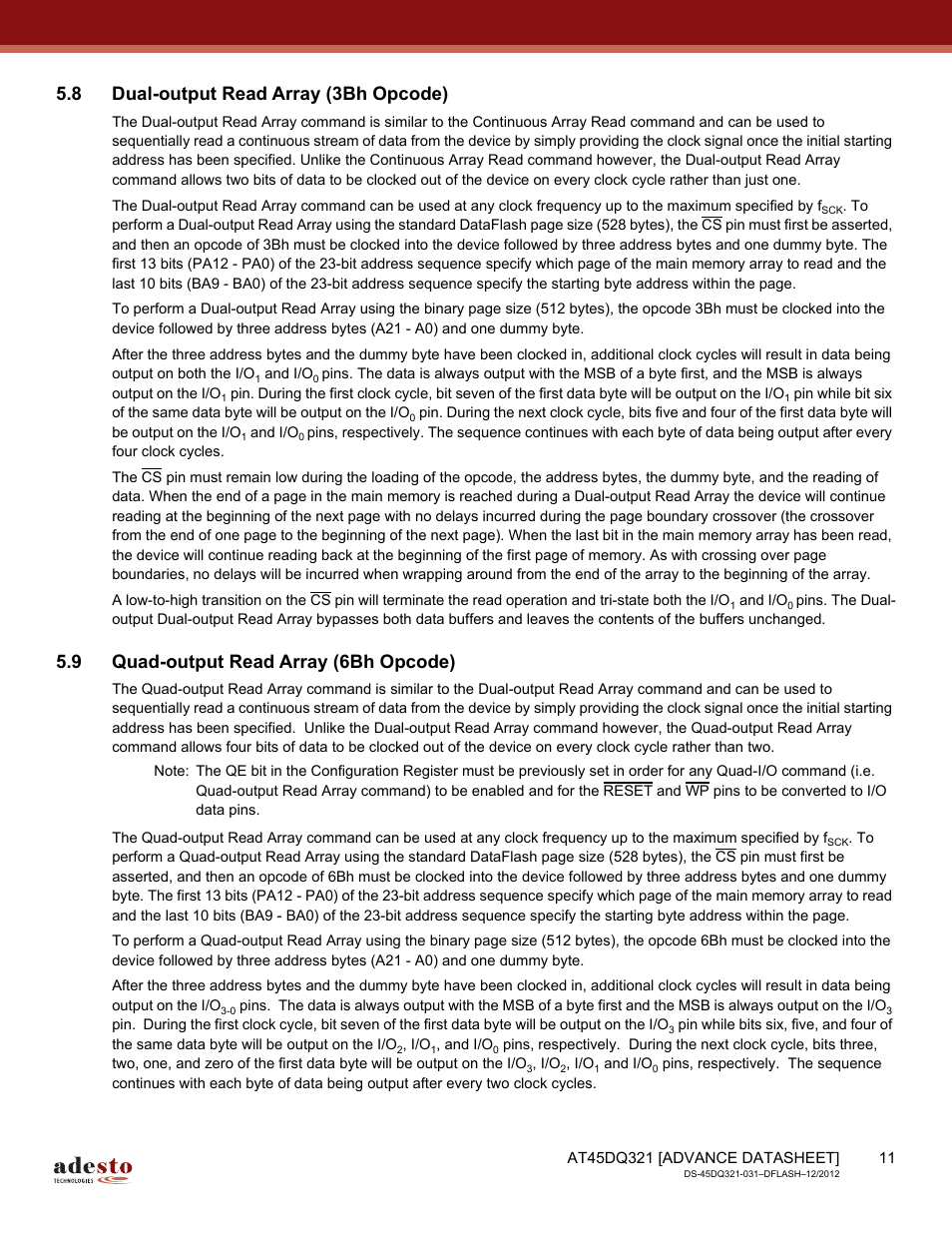 8 dual-output read array (3bh opcode), 9 quad-output read array (6bh opcode) | Rainbow Electronics AT45DQ321 User Manual | Page 11 / 81