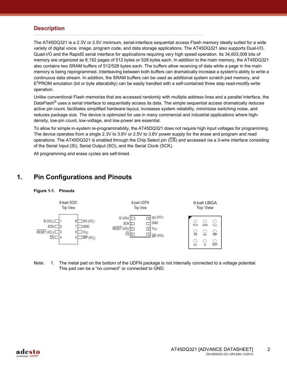 Description, Pin configurations and pinouts | Rainbow Electronics AT45DQ321 User Manual | Page 2 / 81