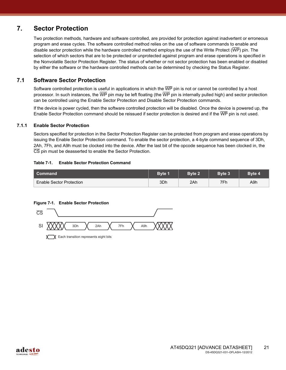 Sector protection, 1 software sector protection, 1 enable sector protection | Rainbow Electronics AT45DQ321 User Manual | Page 21 / 81
