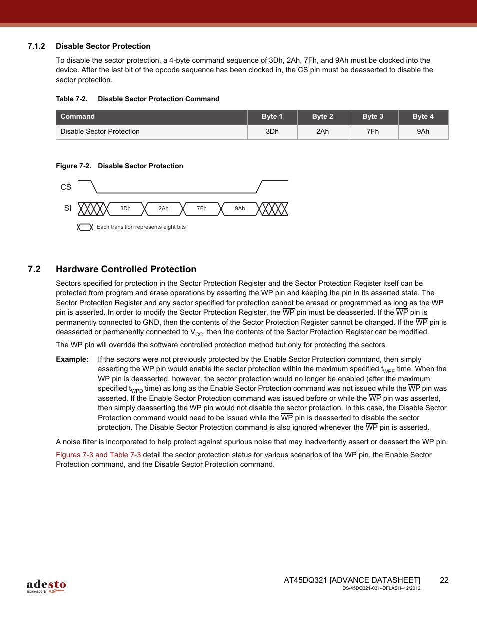 2 disable sector protection, 2 hardware controlled protection | Rainbow Electronics AT45DQ321 User Manual | Page 22 / 81