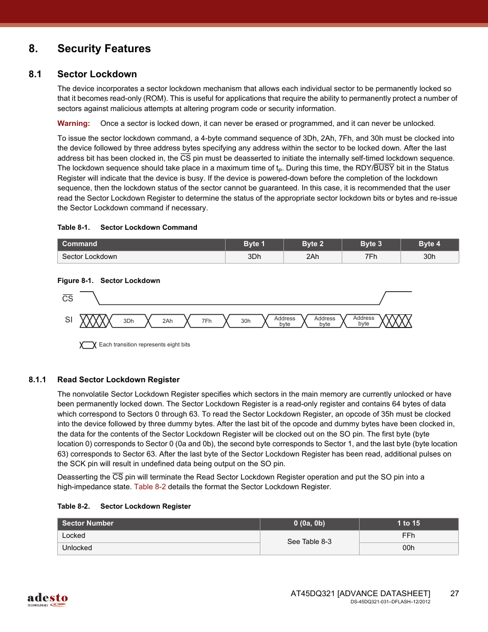 Security features, 1 sector lockdown, 1 read sector lockdown register | Rainbow Electronics AT45DQ321 User Manual | Page 27 / 81