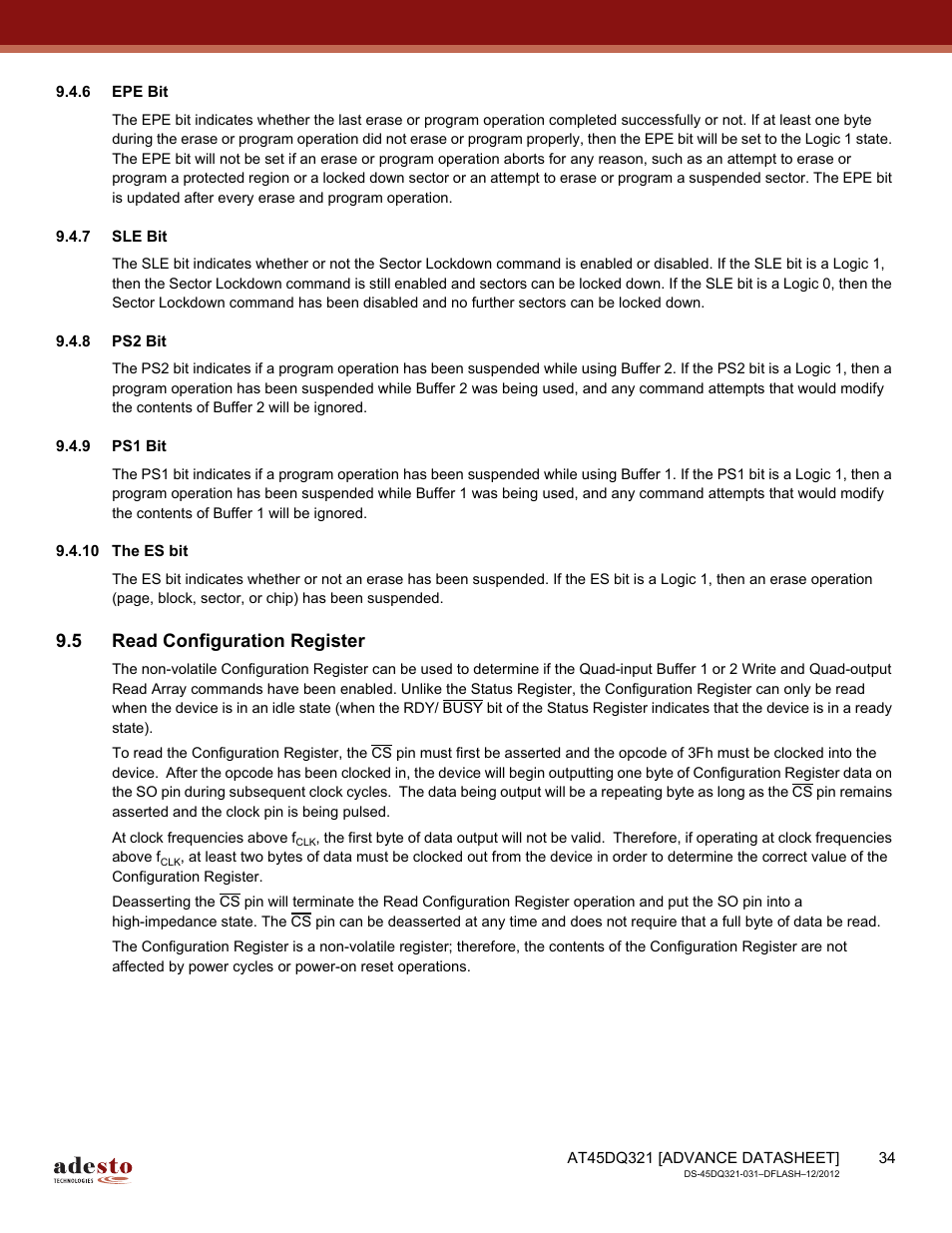 6 epe bit, 7 sle bit, 8 ps2 bit | 9 ps1 bit, 10 the es bit, 5 read configuration register | Rainbow Electronics AT45DQ321 User Manual | Page 34 / 81