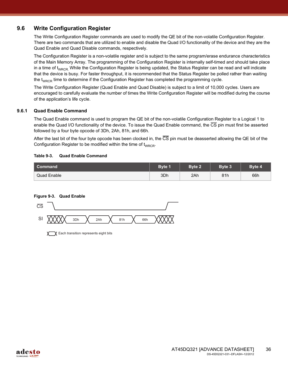 6 write configuration register, 1 quad enable command | Rainbow Electronics AT45DQ321 User Manual | Page 36 / 81