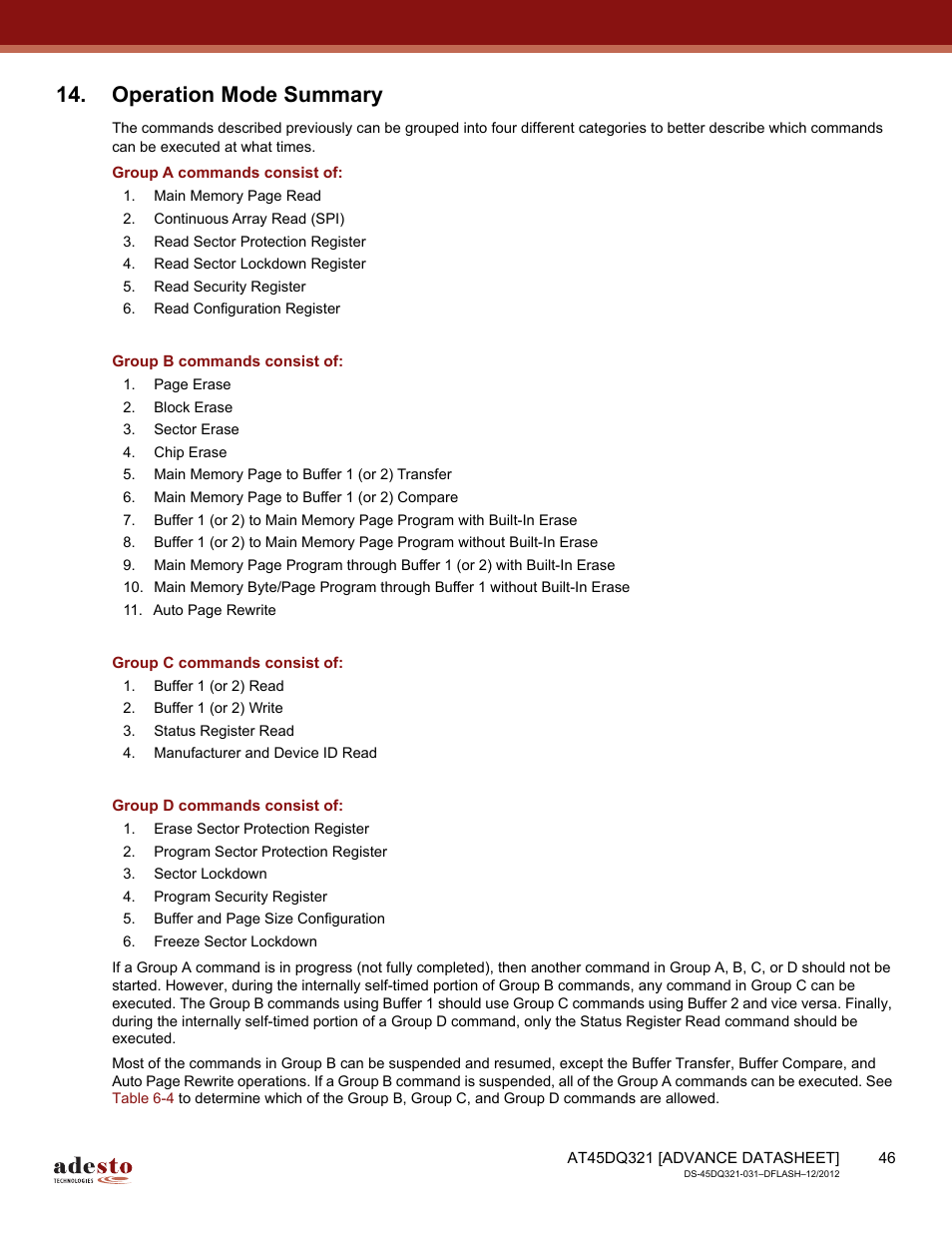 Operation mode summary, Group a commands consist of, Group b commands consist of | Group c commands consist of, Group d commands consist of | Rainbow Electronics AT45DQ321 User Manual | Page 46 / 81