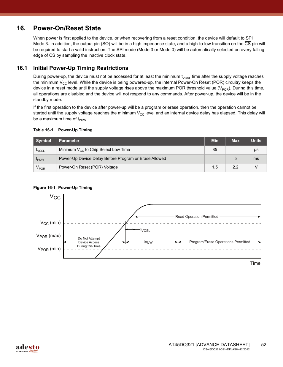 Power-on/reset state, 1 initial power-up timing restrictions | Rainbow Electronics AT45DQ321 User Manual | Page 52 / 81