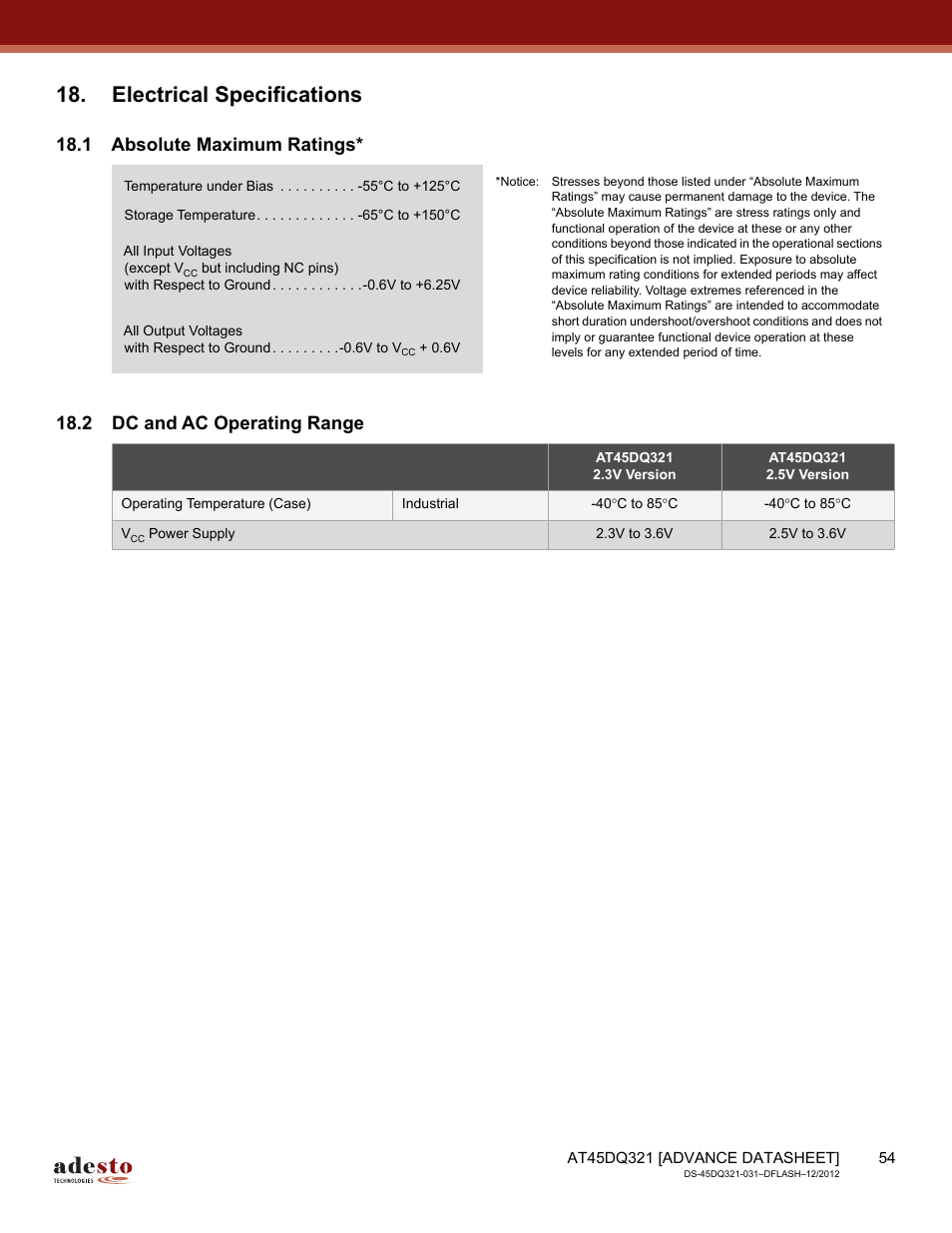 Electrical specifications, 1 absolute maximum ratings, 2 dc and ac operating range | Rainbow Electronics AT45DQ321 User Manual | Page 54 / 81