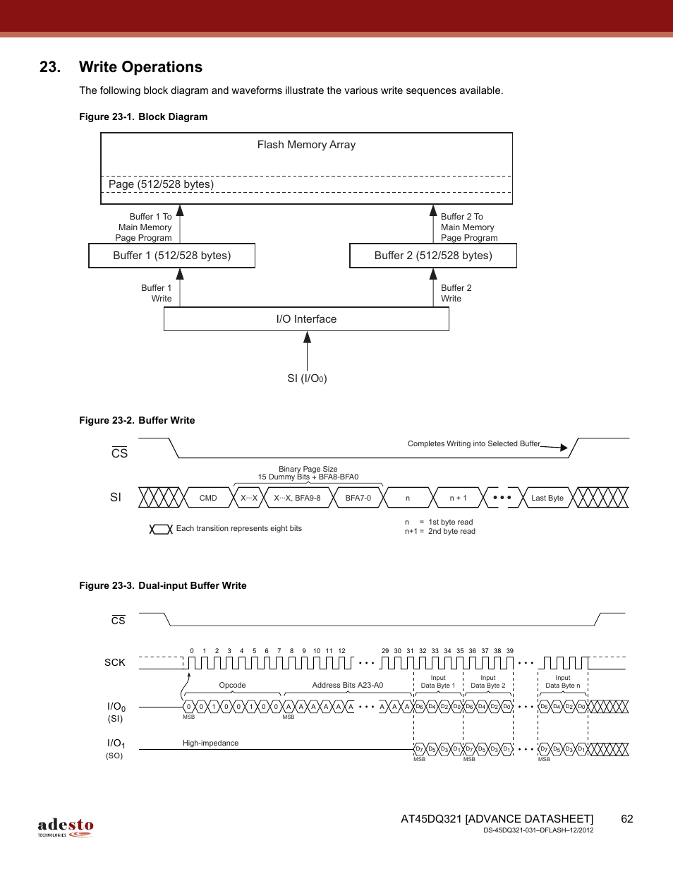 Write operations, Cs si, Cs i/o | Rainbow Electronics AT45DQ321 User Manual | Page 62 / 81