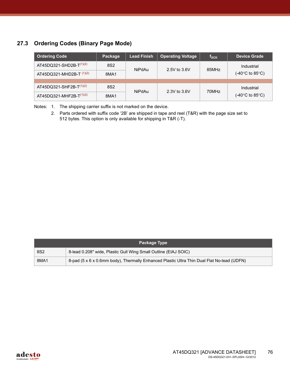 3 ordering codes (binary page mode) | Rainbow Electronics AT45DQ321 User Manual | Page 76 / 81