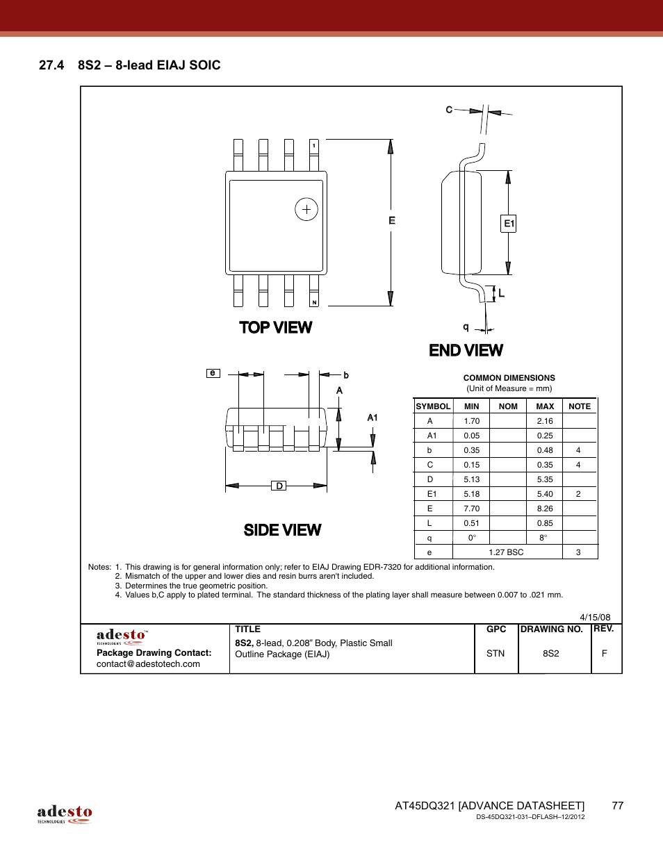 4 8s2 – 8-lead eiaj soic, Top view, End view | Side view | Rainbow Electronics AT45DQ321 User Manual | Page 77 / 81