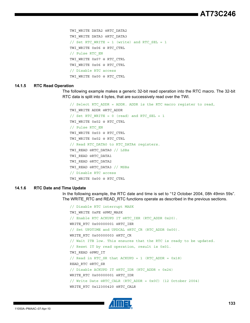 5 rtc read operation, 6 rtc date and time update | Rainbow Electronics AT73C246 User Manual | Page 133 / 159