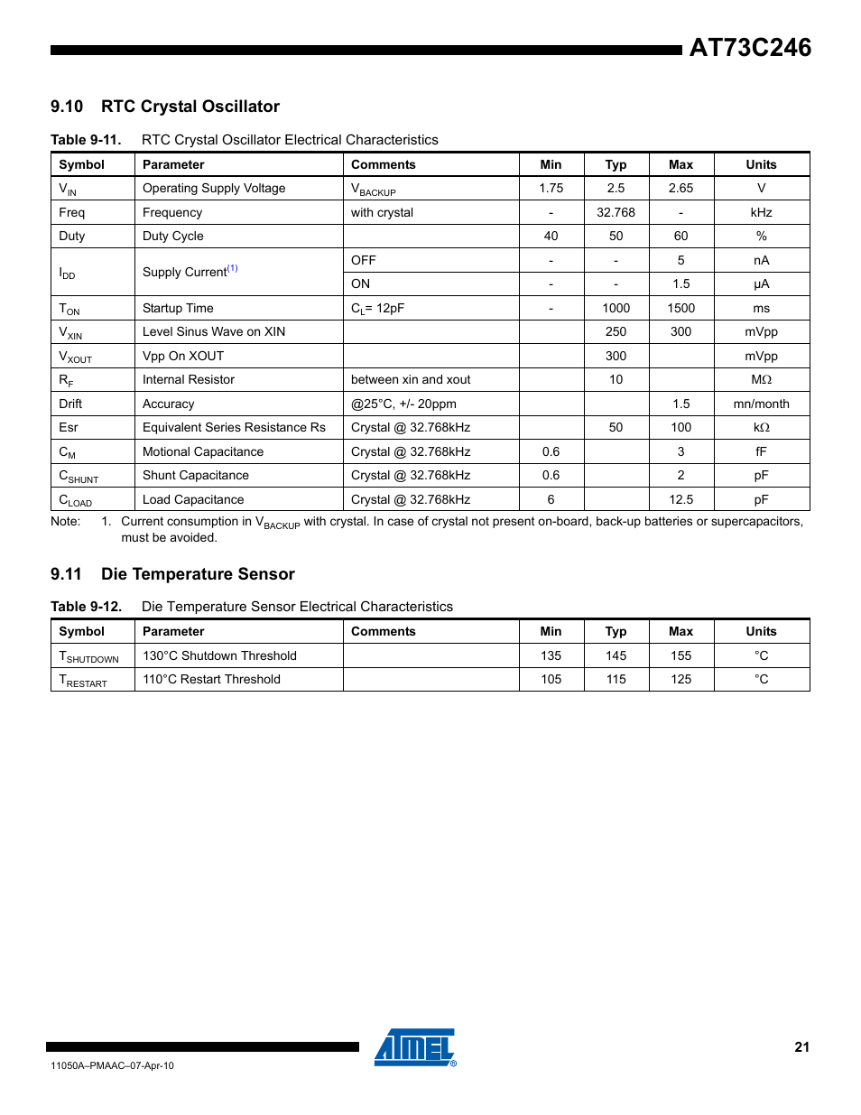 10 rtc crystal oscillator, 11 die temperature sensor | Rainbow Electronics AT73C246 User Manual | Page 21 / 159