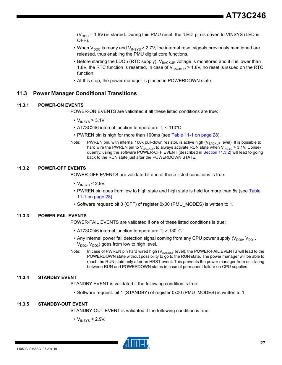 3 power manager conditional transitions, 1 power-on events, 2 power-off events | 3 power-fail events, 4 standby event, 5 standby-out event | Rainbow Electronics AT73C246 User Manual | Page 27 / 159