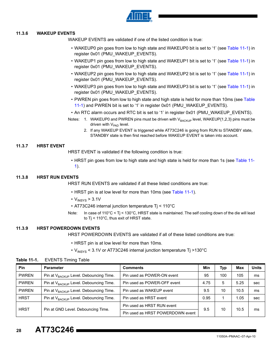 6 wakeup events, 7 hrst event, 8 hrst run events | 9 hrst powerdown events, Table | Rainbow Electronics AT73C246 User Manual | Page 28 / 159