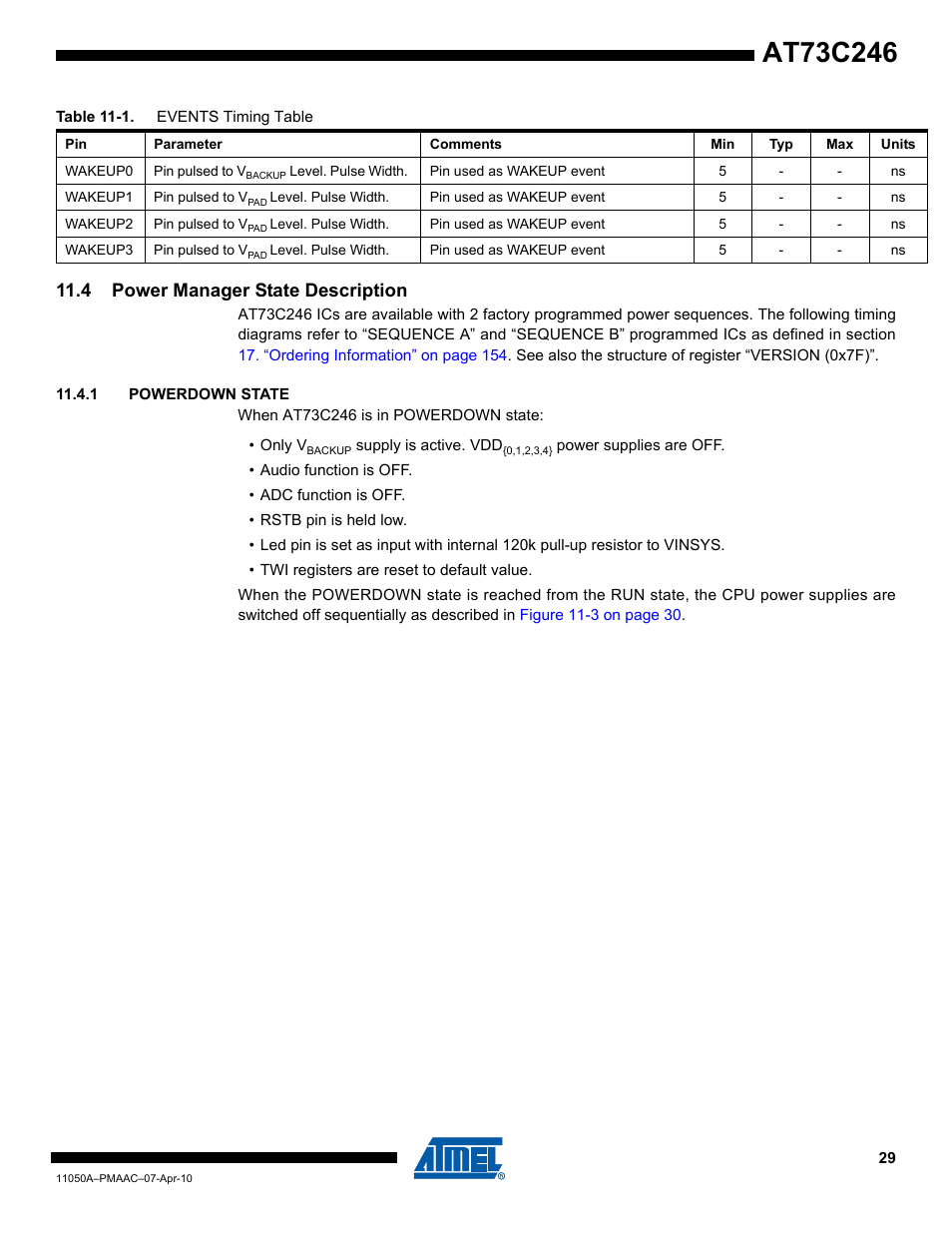 4 power manager state description, 1 powerdown state | Rainbow Electronics AT73C246 User Manual | Page 29 / 159