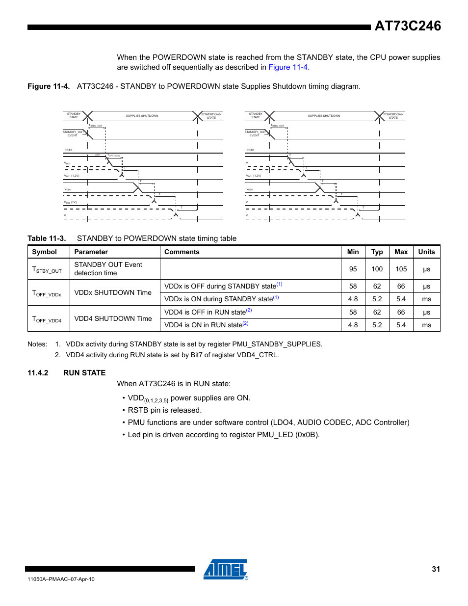 2 run state, Sequence a sequence b, Symbol parameter comments min typ max units t | Vdd4 shutdown time vdd4 is off in run st ate | Rainbow Electronics AT73C246 User Manual | Page 31 / 159