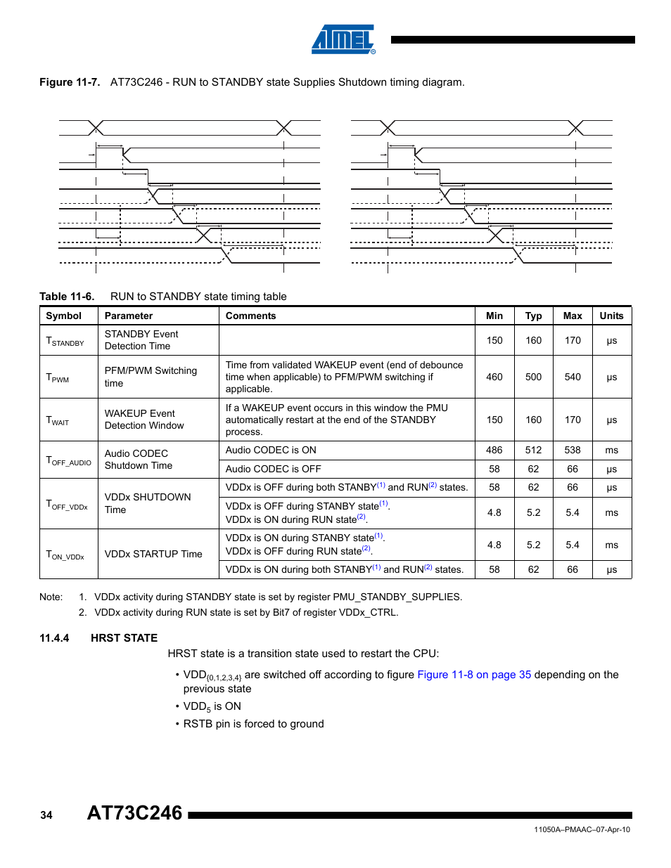 4 hrst state, Sequence a sequence b, Symbol parameter comments min typ max units t | Vddx shutdown time vddx is off during both stanby, An d run, Vddx is on during run state, Vddx startup time vddx is on during stanby st ate, Vddx is off during run state, And run | Rainbow Electronics AT73C246 User Manual | Page 34 / 159