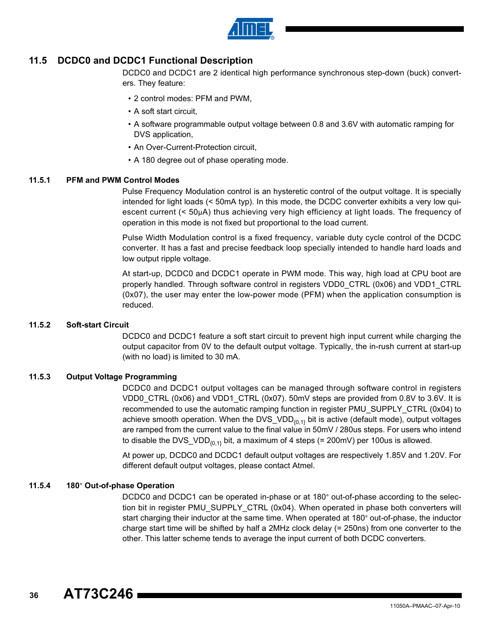 5 dcdc0 and dcdc1 functional description, 1 pfm and pwm control modes, 2 soft-start circuit | 3 output voltage programming, 4 180° out-of-phase operation | Rainbow Electronics AT73C246 User Manual | Page 36 / 159