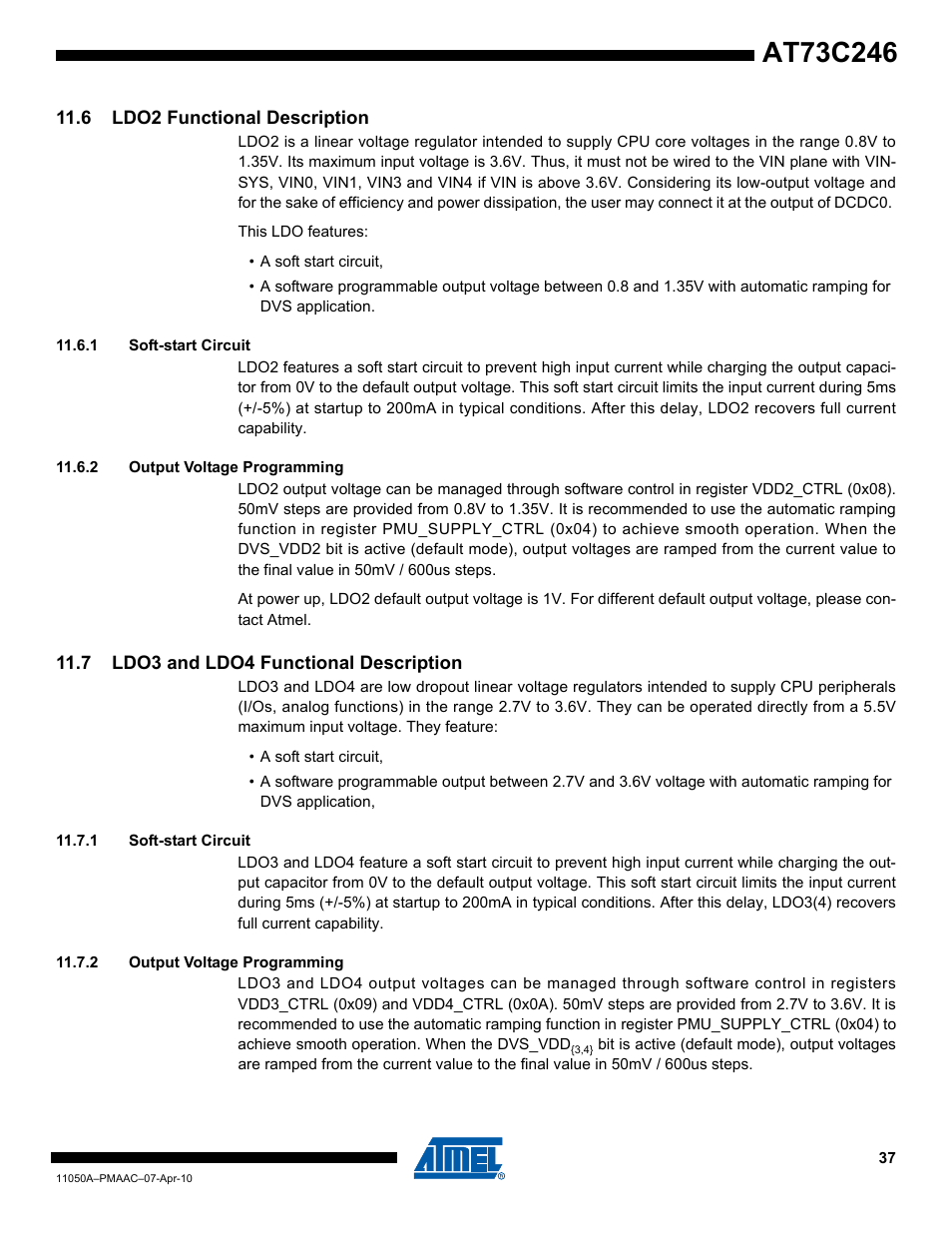 6 ldo2 functional description, 1 soft-start circuit, 2 output voltage programming | 7 ldo3 and ldo4 functional description | Rainbow Electronics AT73C246 User Manual | Page 37 / 159