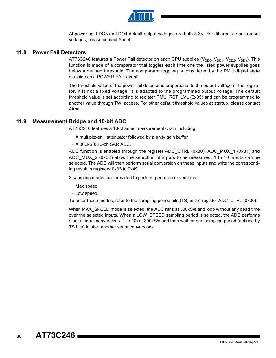 8 power fail detectors, 9 measurement bridge and 10-bit adc | Rainbow Electronics AT73C246 User Manual | Page 38 / 159