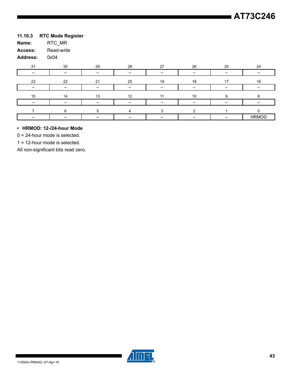 3 rtc mode register | Rainbow Electronics AT73C246 User Manual | Page 43 / 159