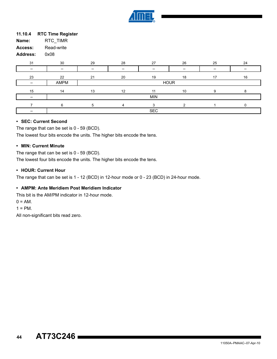 4 rtc time register | Rainbow Electronics AT73C246 User Manual | Page 44 / 159