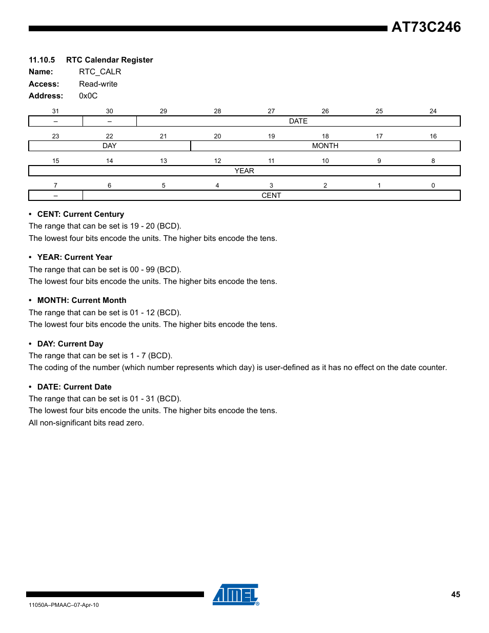 5 rtc calendar register | Rainbow Electronics AT73C246 User Manual | Page 45 / 159