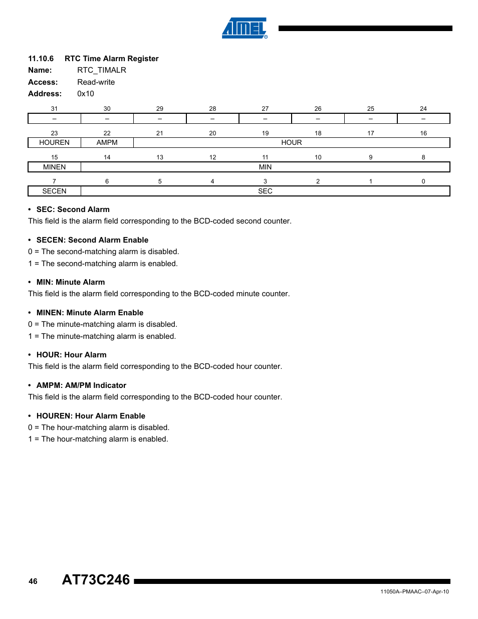 6 rtc time alarm register | Rainbow Electronics AT73C246 User Manual | Page 46 / 159