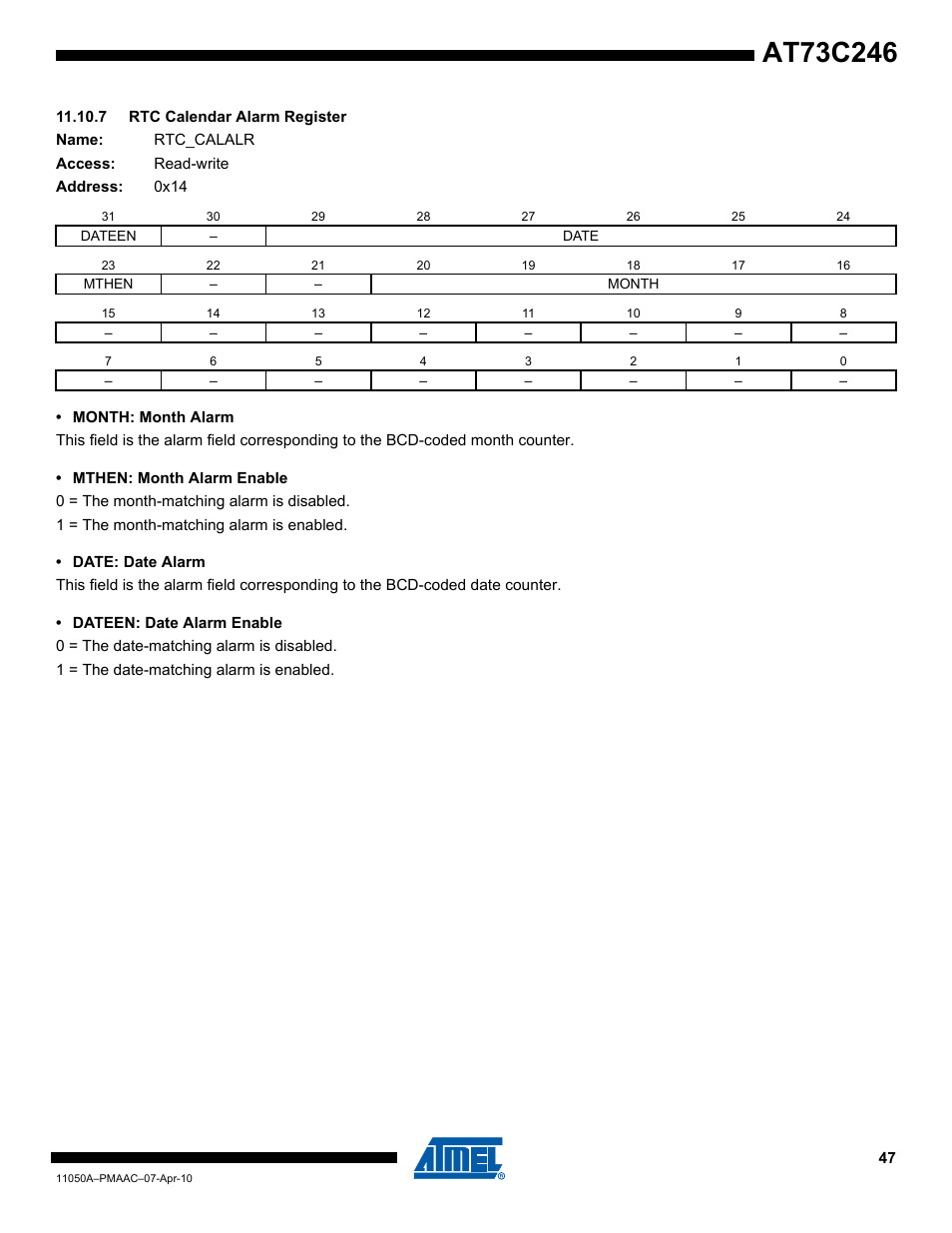 7 rtc calendar alarm register | Rainbow Electronics AT73C246 User Manual | Page 47 / 159