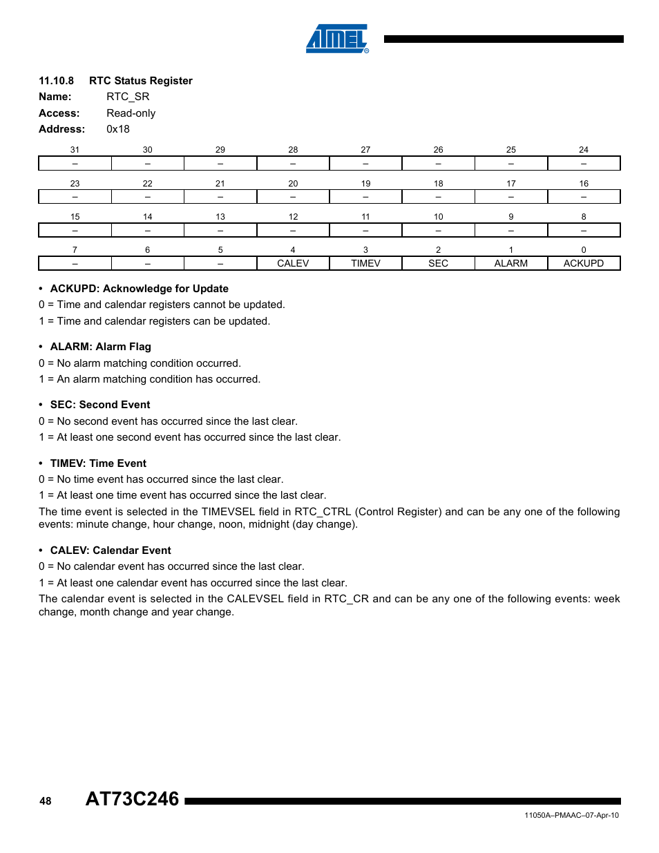 8 rtc status register | Rainbow Electronics AT73C246 User Manual | Page 48 / 159