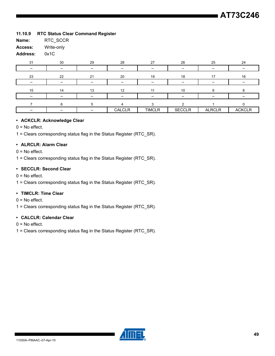 9 rtc status clear command register | Rainbow Electronics AT73C246 User Manual | Page 49 / 159