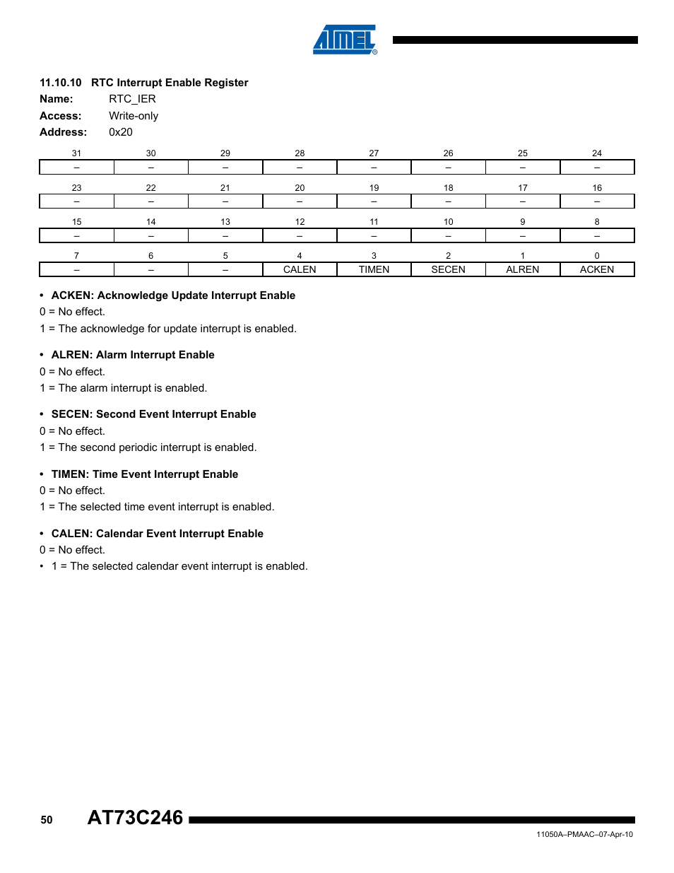 10 rtc interrupt enable register | Rainbow Electronics AT73C246 User Manual | Page 50 / 159