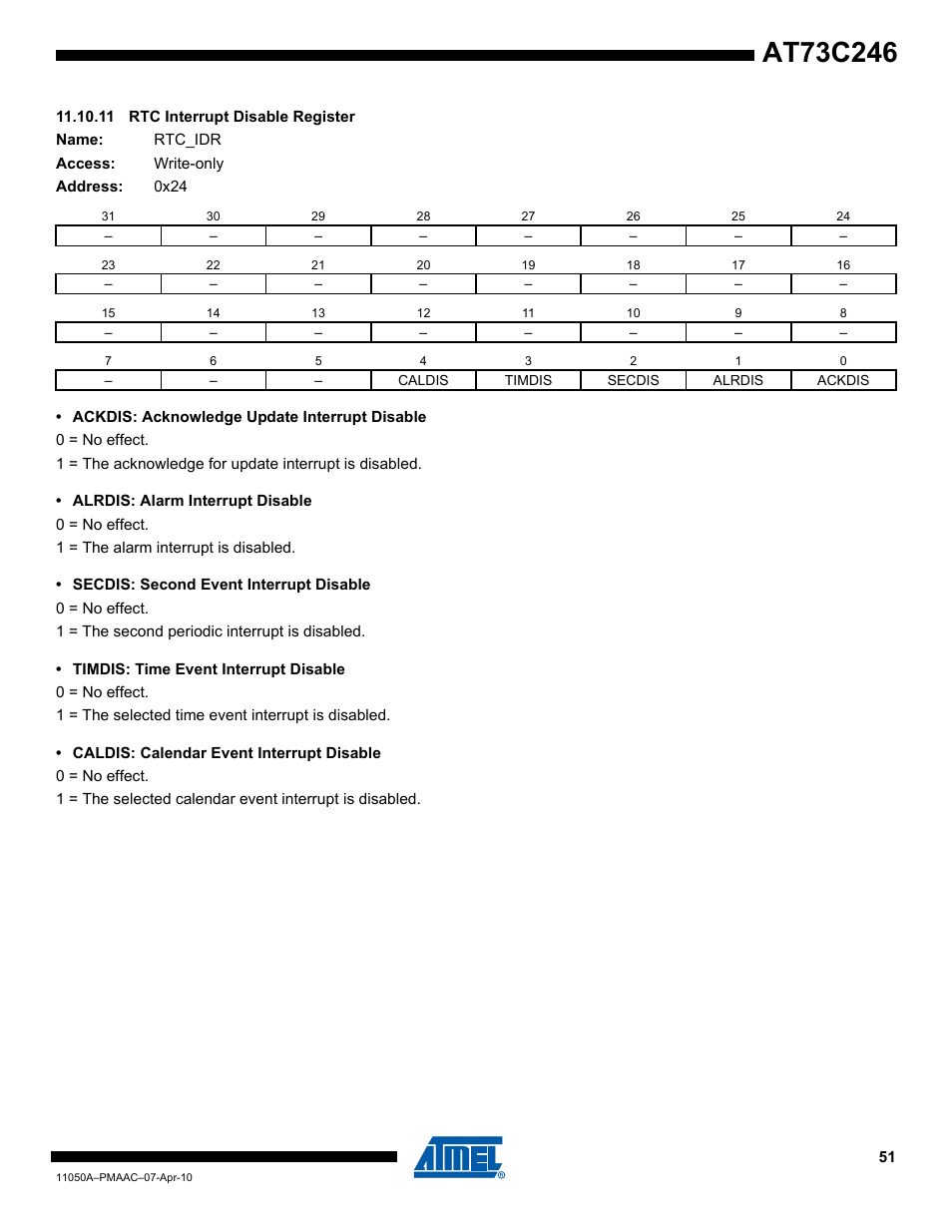 11 rtc interrupt disable register | Rainbow Electronics AT73C246 User Manual | Page 51 / 159