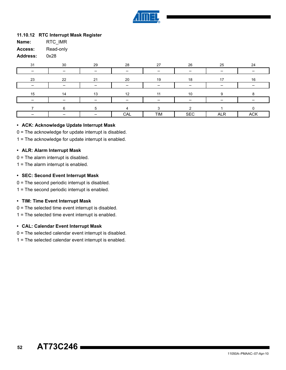 12 rtc interrupt mask register | Rainbow Electronics AT73C246 User Manual | Page 52 / 159