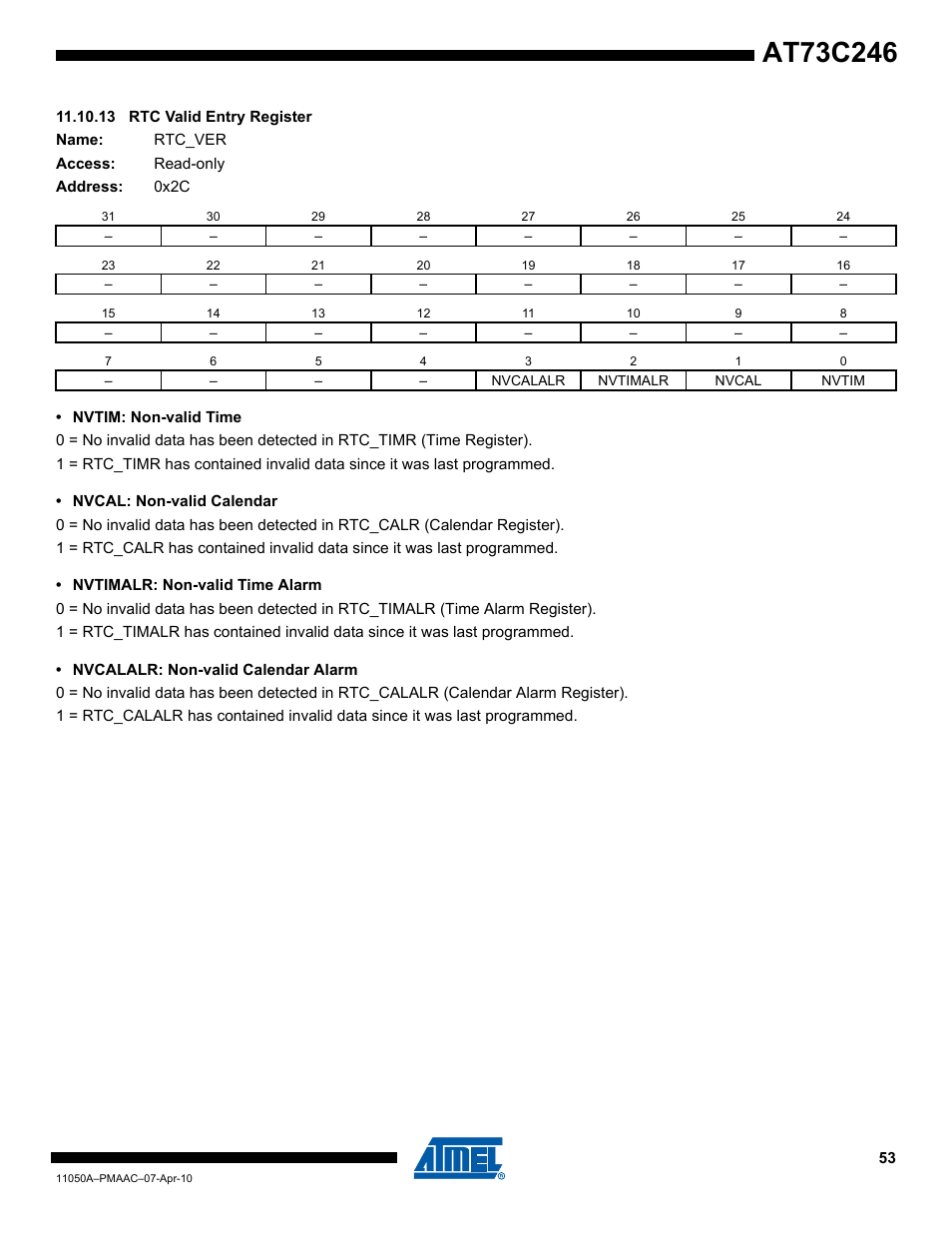 13 rtc valid entry register | Rainbow Electronics AT73C246 User Manual | Page 53 / 159