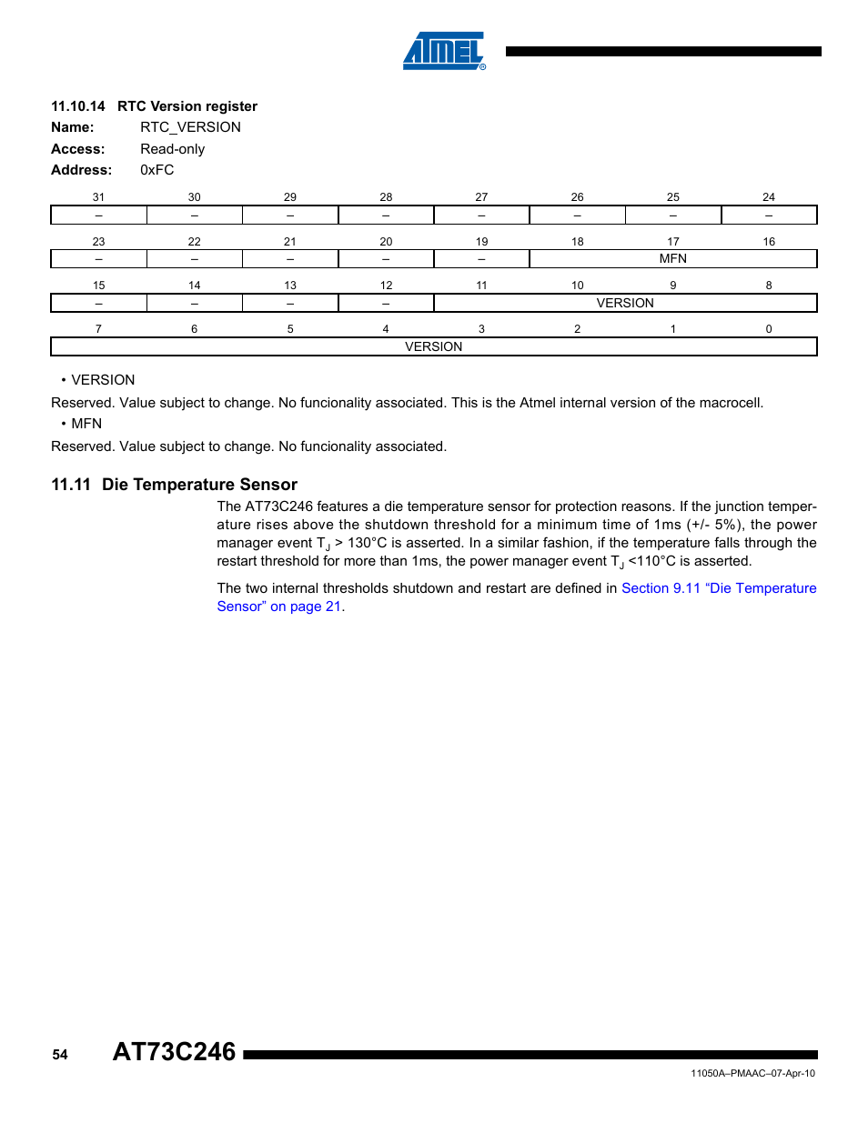 14 rtc version register, 11 die temperature sensor | Rainbow Electronics AT73C246 User Manual | Page 54 / 159
