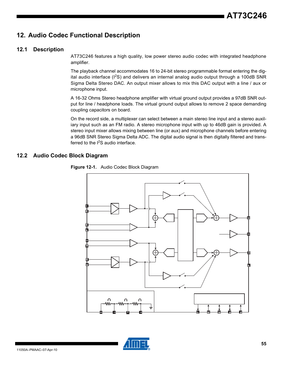 Audio codec functional description, 1 description, 2 audio codec block diagram | S audio interface, Figure 12-1. audio codec block diagram | Rainbow Electronics AT73C246 User Manual | Page 55 / 159