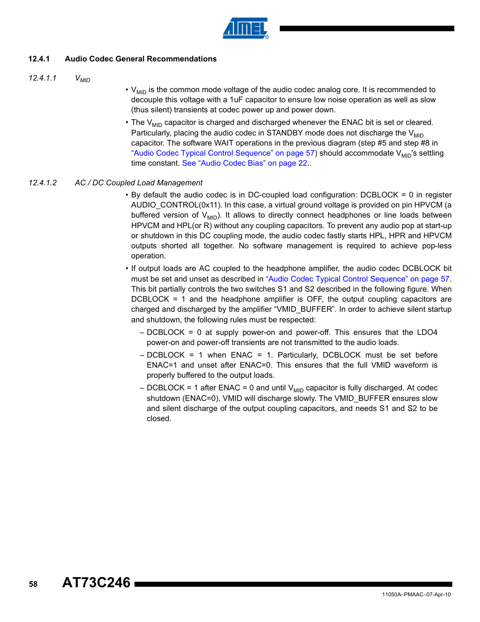 1 audio codec general recommendations, 1 vmid, 2 ac / dc coupled load management | Rainbow Electronics AT73C246 User Manual | Page 58 / 159
