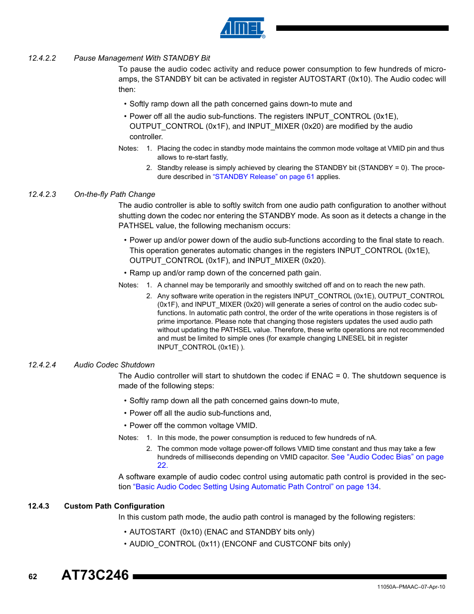2 pause management with standby bit, 3 on-the-fly path change, 4 audio codec shutdown | 3 custom path configuration | Rainbow Electronics AT73C246 User Manual | Page 62 / 159