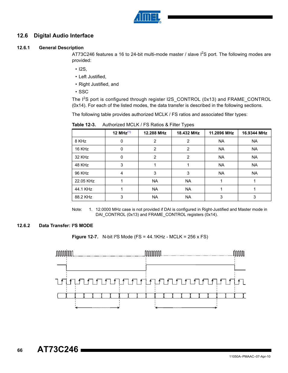 6 digital audio interface, 1 general description, 2 data transfer: i²s mode | Rainbow Electronics AT73C246 User Manual | Page 66 / 159