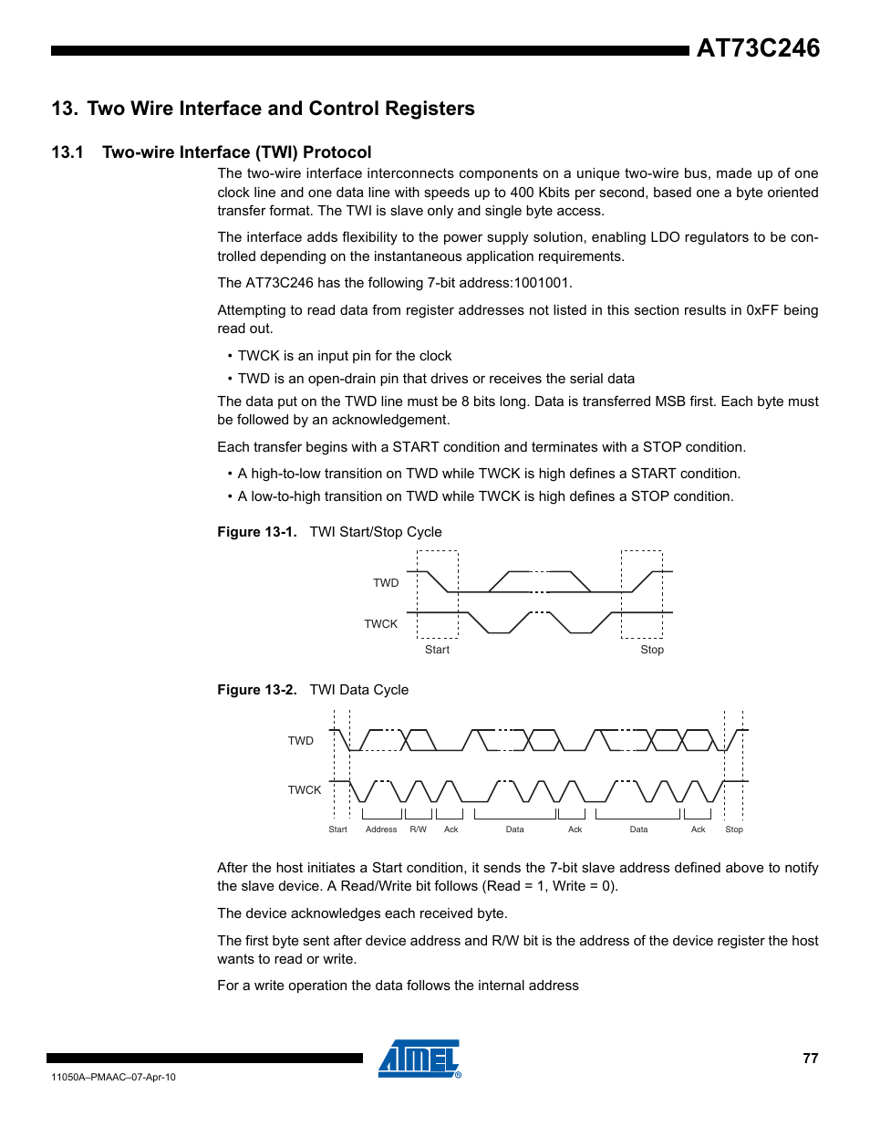 Two wire interface and control registers, 1 two-wire interface (twi) protocol | Rainbow Electronics AT73C246 User Manual | Page 77 / 159